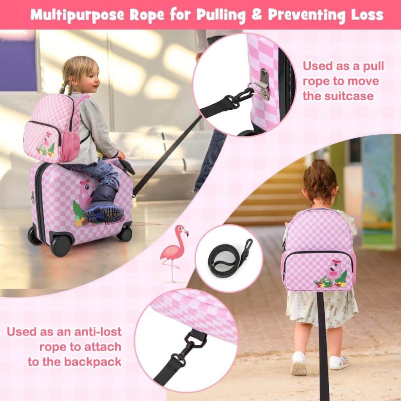 Kids’ Luggage | 2 Pcs Kid Luggage, 18" Ride On Suitcase W/Spinner Wheels, 12" Backpack W/Anti-Lost Rope, Carry Strap, Sit On Rolling Carry On Luggage Set For Girls Boys Travel (Pink Flaming) Kids' Luggage Kids' Luggage