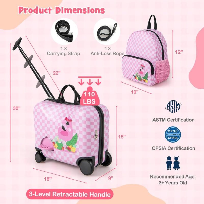 Kids’ Luggage | 2 Pcs Kid Luggage, 18" Ride On Suitcase W/Spinner Wheels, 12" Backpack W/Anti-Lost Rope, Carry Strap, Sit On Rolling Carry On Luggage Set For Girls Boys Travel (Pink Flaming) Kids' Luggage Kids' Luggage