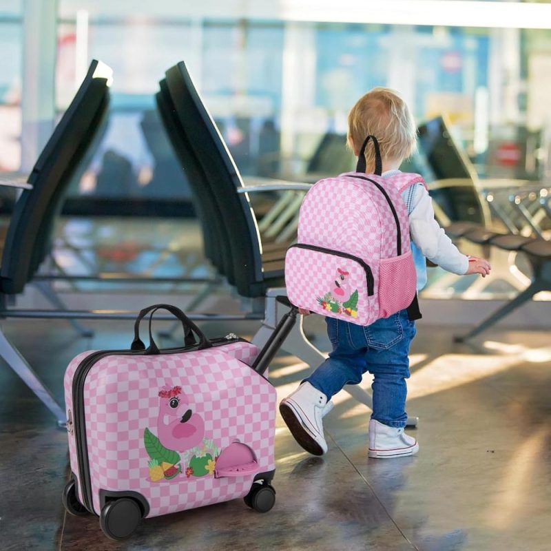 Kids’ Luggage | 2 Pcs Kid Luggage, 18" Ride On Suitcase W/Spinner Wheels, 12" Backpack W/Anti-Lost Rope, Carry Strap, Sit On Rolling Carry On Luggage Set For Girls Boys Travel (Pink Flaming) Kids' Luggage Kids' Luggage