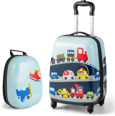 Kids’ Luggage | 2 Pcs Kids Luggage Set, 16" Toddlers Carry-On Suitcase & 12" Backpack Set, Children Travelling Case W/ 4 Casters, Retractable Handle, Lightweight Trolley Case For Boys Girls (Little Cars) Kids' Luggage Kids' Luggage