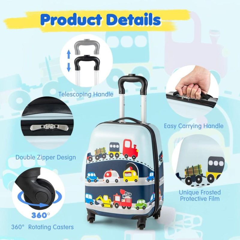 Kids’ Luggage | 2 Pcs Kids Luggage Set, 16" Toddlers Carry-On Suitcase & 12" Backpack Set, Children Travelling Case W/ 4 Casters, Retractable Handle, Lightweight Trolley Case For Boys Girls (Little Cars) Kids' Luggage Kids' Luggage