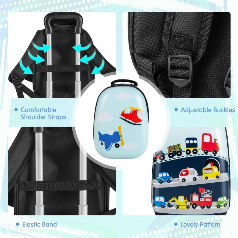 Kids’ Luggage | 2 Pcs Kids Luggage Set, 16" Toddlers Carry-On Suitcase & 12" Backpack Set, Children Travelling Case W/ 4 Casters, Retractable Handle, Lightweight Trolley Case For Boys Girls (Little Cars) Kids' Luggage Kids' Luggage