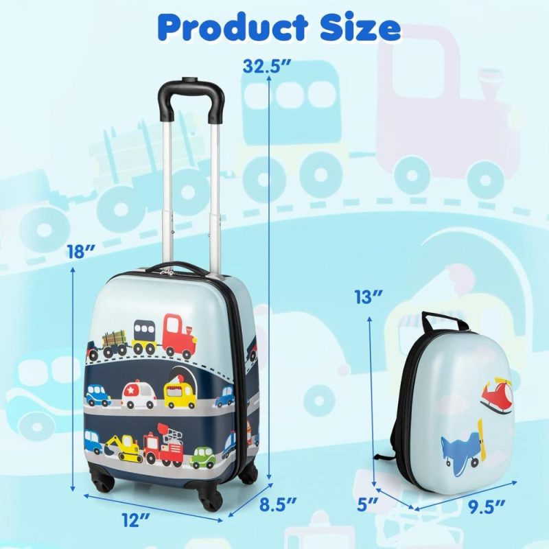 Kids’ Luggage | 2 Pcs Kids Luggage Set, 16" Toddlers Carry-On Suitcase & 12" Backpack Set, Children Travelling Case W/ 4 Casters, Retractable Handle, Lightweight Trolley Case For Boys Girls (Little Cars) Kids' Luggage Kids' Luggage