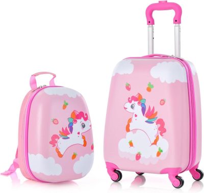 Kids’ Luggage | 2 Pcs Kids Luggage Set, 16" Toddlers Carry-On Suitcase & 12" Backpack Set, Children Travelling Case W/ 4 Casters, Retractable Handle, Lightweight Trolley Case For Girls Boys (Cloud Pony) Kids' Luggage Kids' Luggage