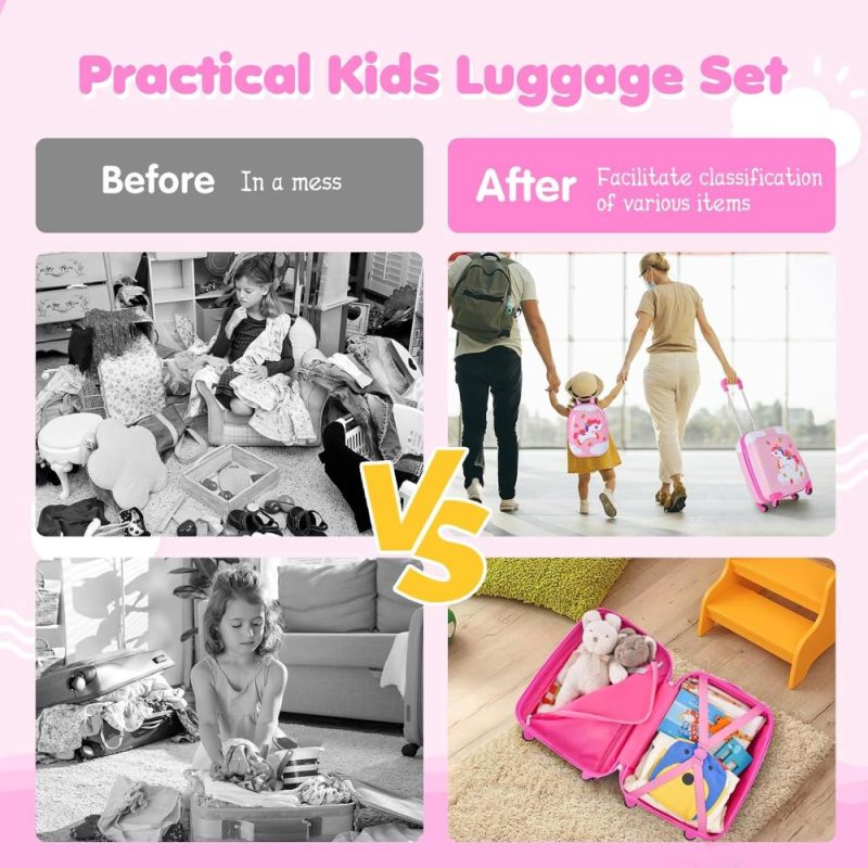 Kids’ Luggage | 2 Pcs Kids Luggage Set, 16" Toddlers Carry-On Suitcase & 12" Backpack Set, Children Travelling Case W/ 4 Casters, Retractable Handle, Lightweight Trolley Case For Girls Boys (Cloud Pony) Kids' Luggage Kids' Luggage