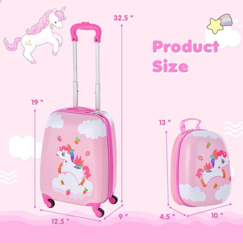 Kids’ Luggage | 2 Pcs Kids Luggage Set, 16" Toddlers Carry-On Suitcase & 12" Backpack Set, Children Travelling Case W/ 4 Casters, Retractable Handle, Lightweight Trolley Case For Girls Boys (Cloud Pony) Kids' Luggage Kids' Luggage