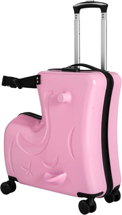 Kids’ Luggage | 20 Inch Kids Carry On Suitcase Luggage, Portable Kid’s Ride-On Suitcase Travel Trolley Case With Spinner Wheels, Kids Travel Trolley Riding Suitcase With Safe Belt (Pink-20) Kids' Luggage Kids' Luggage