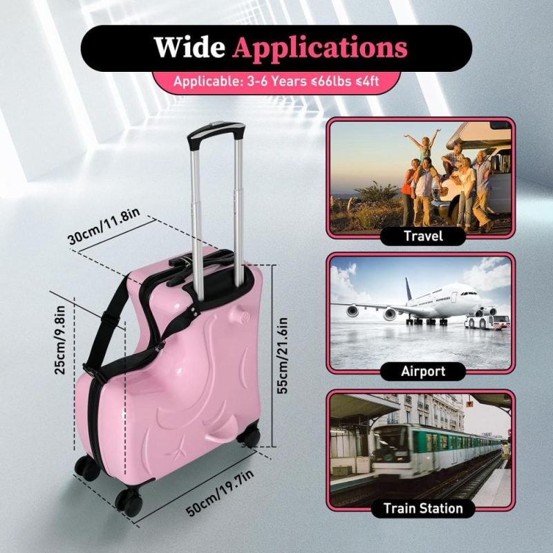 Kids’ Luggage | 20 Inch Kids Carry On Suitcase Luggage, Portable Kid’s Ride-On Suitcase Travel Trolley Case With Spinner Wheels, Kids Travel Trolley Riding Suitcase With Safe Belt (Pink-20) Kids' Luggage Kids' Luggage