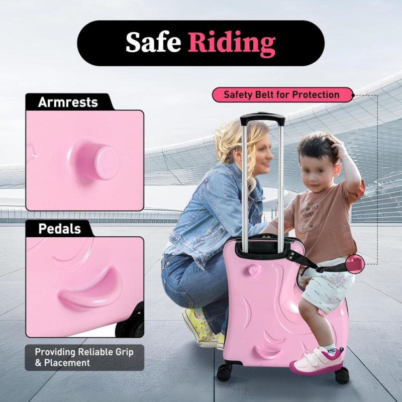 Kids’ Luggage | 20 Inch Kids Carry On Suitcase Luggage, Portable Kid’s Ride-On Suitcase Travel Trolley Case With Spinner Wheels, Kids Travel Trolley Riding Suitcase With Safe Belt (Pink-20) Kids' Luggage Kids' Luggage