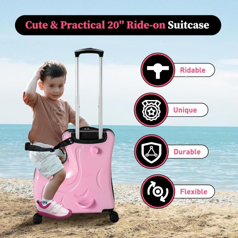 Kids’ Luggage | 20 Inch Kids Carry On Suitcase Luggage, Portable Kid’s Ride-On Suitcase Travel Trolley Case With Spinner Wheels, Kids Travel Trolley Riding Suitcase With Safe Belt (Pink-20) Kids' Luggage Kids' Luggage