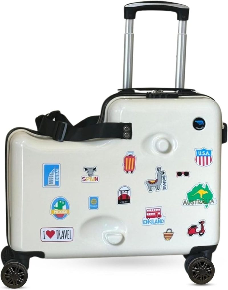 Kids’ Luggage | 2024 Itsy Rider 20" Ride-On Suitcase For Kids With Double Spinner Wheels (Beige – Travel Stickers) Kids' Luggage Beige - Travel Stickers