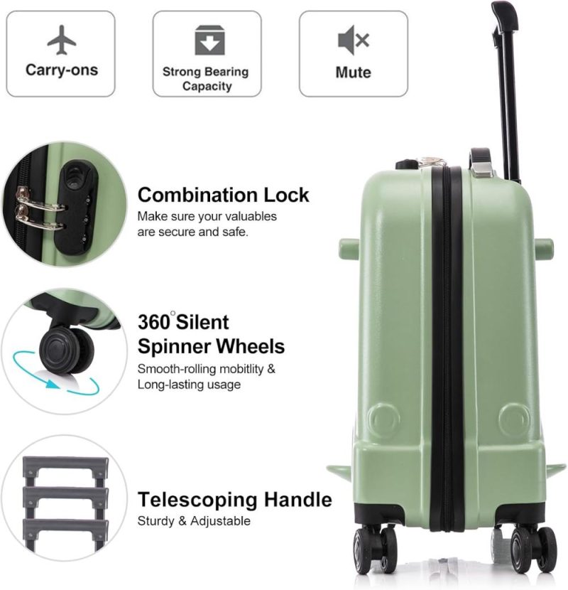 Kids’ Luggage | 22 Inch Ride On Suitcase For Kids Travel Luggage Trolley Suitcase With Spinner Wheels Travel Suitcase For Child With Combination Lock/Safety Belt/Telescoping Handle (Green) Kids' Luggage Green