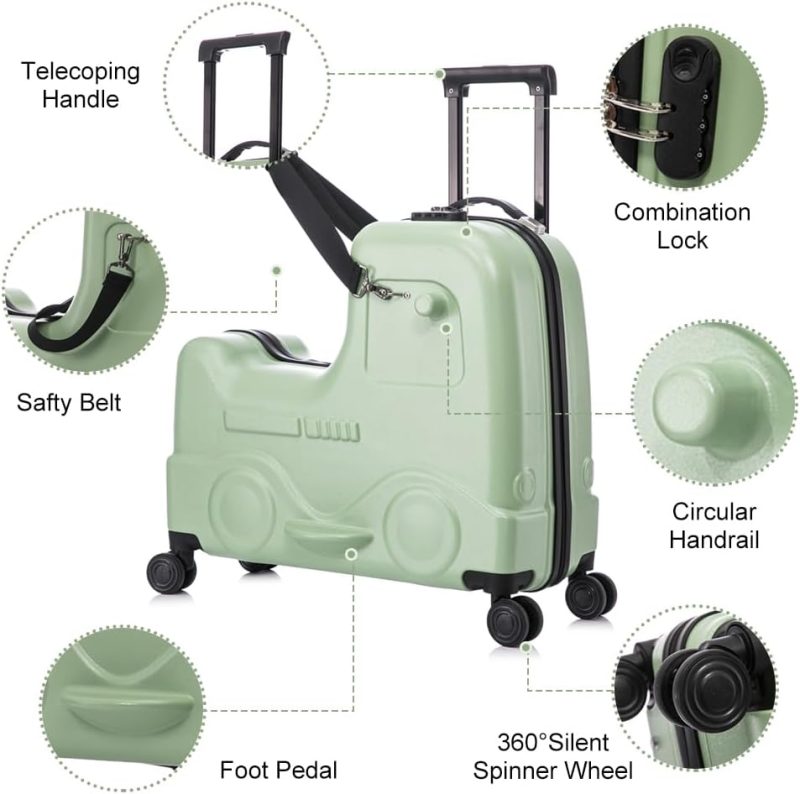 Kids’ Luggage | 22 Inch Ride On Suitcase For Kids Travel Luggage Trolley Suitcase With Spinner Wheels Travel Suitcase For Child With Combination Lock/Safety Belt/Telescoping Handle (Green) Kids' Luggage Green