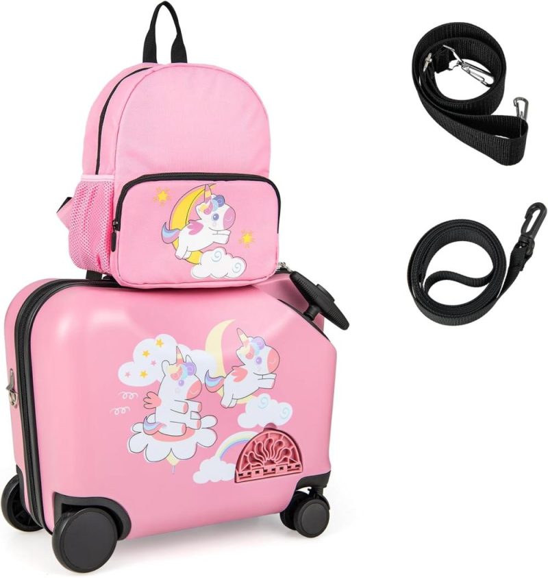 Kids’ Luggage | 2Pc Kids Luggage Set, 4 In 1 Toddler 18" Ride-On & Carry-On Hardshell Suitcase With Wheels, Anti-Lose Rope, 12" Backpack, Lightweight Travel Rolling Trolley For Boys Girls (Unicorn) Kids' Luggage Kids' Luggage