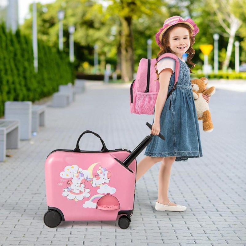 Kids’ Luggage | 2Pc Kids Luggage Set, 4 In 1 Toddler 18" Ride-On & Carry-On Hardshell Suitcase With Wheels, Anti-Lose Rope, 12" Backpack, Lightweight Travel Rolling Trolley For Boys Girls (Unicorn) Kids' Luggage Kids' Luggage