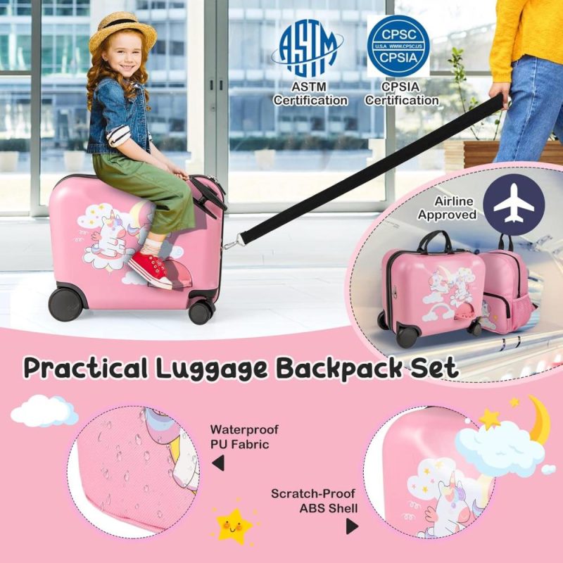 Kids’ Luggage | 2Pc Kids Luggage Set, 4 In 1 Toddler 18" Ride-On & Carry-On Hardshell Suitcase With Wheels, Anti-Lose Rope, 12" Backpack, Lightweight Travel Rolling Trolley For Boys Girls (Unicorn) Kids' Luggage Kids' Luggage