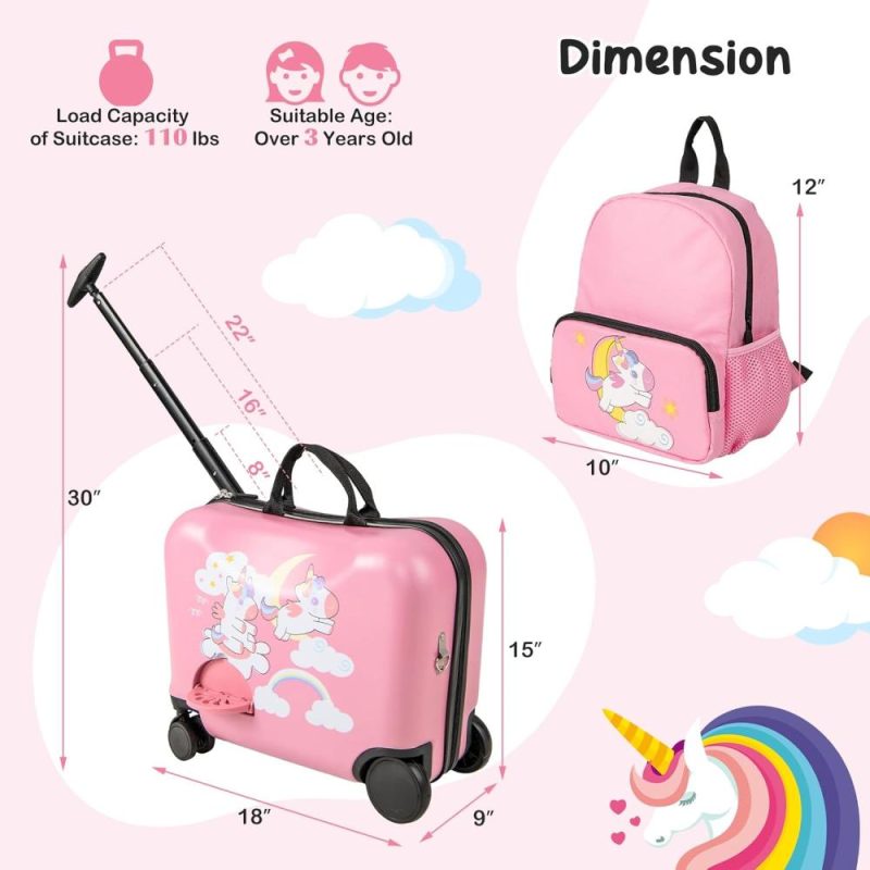 Kids’ Luggage | 2Pc Kids Luggage Set, 4 In 1 Toddler 18" Ride-On & Carry-On Hardshell Suitcase With Wheels, Anti-Lose Rope, 12" Backpack, Lightweight Travel Rolling Trolley For Boys Girls (Unicorn) Kids' Luggage Kids' Luggage