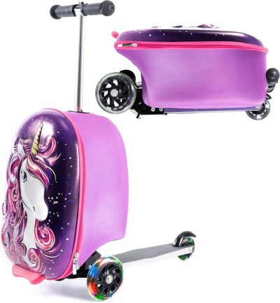 Kids’ Luggage | 3-D Hardshell Ride On Suitcase Scooter For Kids – Cute Lightweight Kids Luggage With Wheels – Fun Led Lights Kids' Luggage Kids' Luggage