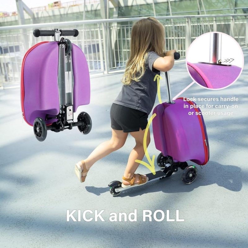 Kids’ Luggage | 3-D Hardshell Ride On Suitcase Scooter For Kids – Cute Lightweight Kids Luggage With Wheels – Fun Led Lights Kids' Luggage Kids' Luggage