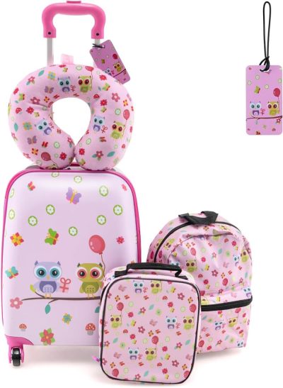 Kids’ Luggage | 5 Piece Kid’S Luggage Set, 15" Carry On Suitcase W/13" Backpack, Neck Pillow, Hardside Spinner Toddler Luggage, Travel Rolling Suitcase For Boys Girls Gifts (Pink, Owl) Kids' Luggage Kids' Luggage