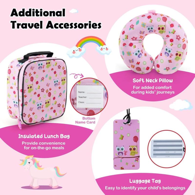 Kids’ Luggage | 5 Piece Kid’S Luggage Set, 15" Carry On Suitcase W/13" Backpack, Neck Pillow, Hardside Spinner Toddler Luggage, Travel Rolling Suitcase For Boys Girls Gifts (Pink, Owl) Kids' Luggage Kids' Luggage