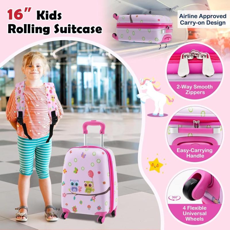 Kids’ Luggage | 5 Piece Kid’S Luggage Set, 15" Carry On Suitcase W/13" Backpack, Neck Pillow, Hardside Spinner Toddler Luggage, Travel Rolling Suitcase For Boys Girls Gifts (Pink, Owl) Kids' Luggage Kids' Luggage