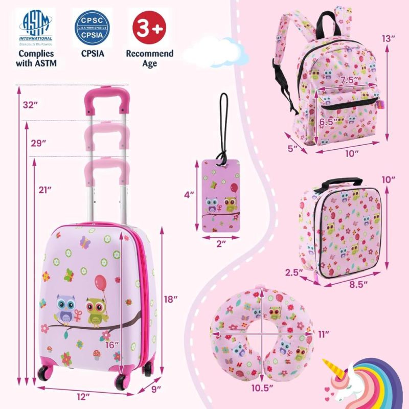 Kids’ Luggage | 5 Piece Kid’S Luggage Set, 15" Carry On Suitcase W/13" Backpack, Neck Pillow, Hardside Spinner Toddler Luggage, Travel Rolling Suitcase For Boys Girls Gifts (Pink, Owl) Kids' Luggage Kids' Luggage