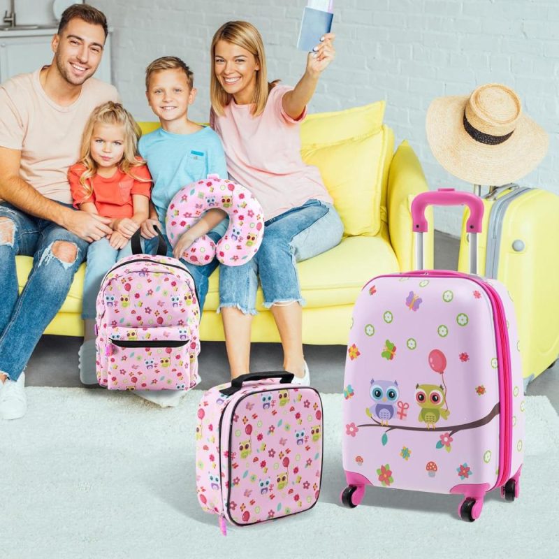 Kids’ Luggage | 5 Piece Kid’S Luggage Set, 15" Carry On Suitcase W/13" Backpack, Neck Pillow, Hardside Spinner Toddler Luggage, Travel Rolling Suitcase For Boys Girls Gifts (Pink, Owl) Kids' Luggage Kids' Luggage