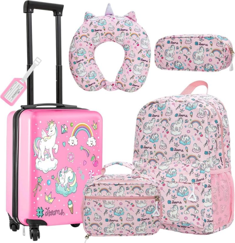 Kids’ Luggage | 6 Pcs Kids Luggage Set 17 Inch Kids Rolling Luggage Gift For Double Pattern Christmas Kids Suitcase For Girls Boys Kids Suitcase(Pink,Unicorn) Kids' Luggage Kids' Luggage