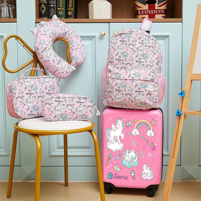 Kids’ Luggage | 6 Pcs Kids Luggage Set 17 Inch Kids Rolling Luggage Gift For Double Pattern Christmas Kids Suitcase For Girls Boys Kids Suitcase(Pink,Unicorn) Kids' Luggage Kids' Luggage