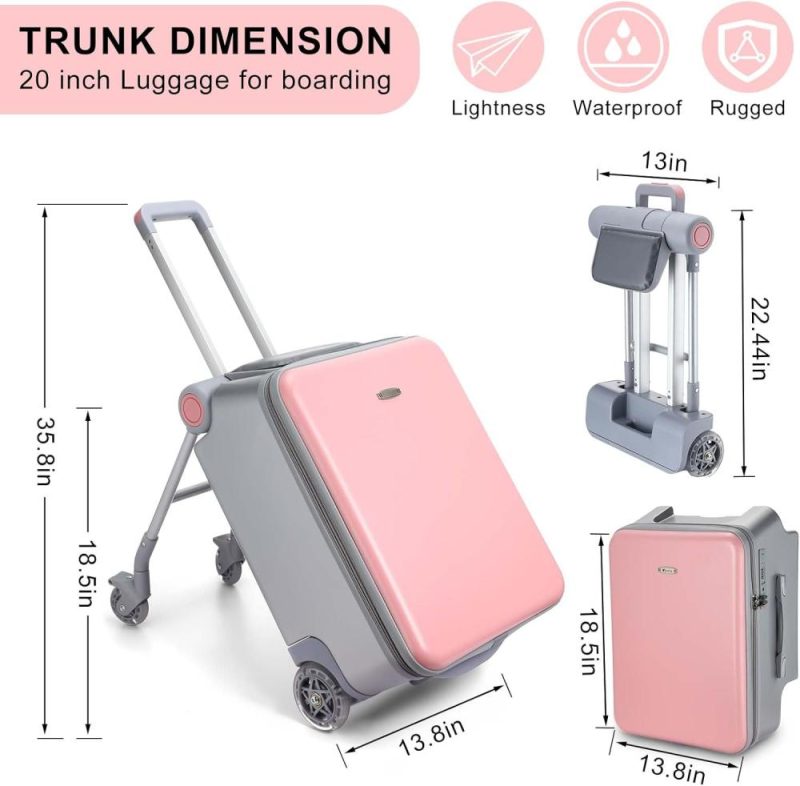 Kids’ Luggage | Bulyoou 20 Inch Carry On Luggage With Seat For Kids Expandable Ride On Suitcase With Spinner Wheels And Locks For Travel (Pink,Sunshade Style) Kids' Luggage Kids' Luggage