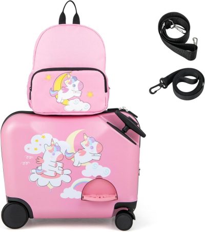 Kids’ Luggage | Kids Luggage, 12" Children Travel & 18" Hard Shell Carry-On, Anti-Lost Adjustable Strap, Airplane Approved, 2 Pcs Ride On Luggage For Girls Boys(Pink Unicorn) Kids' Luggage Kids' Luggage