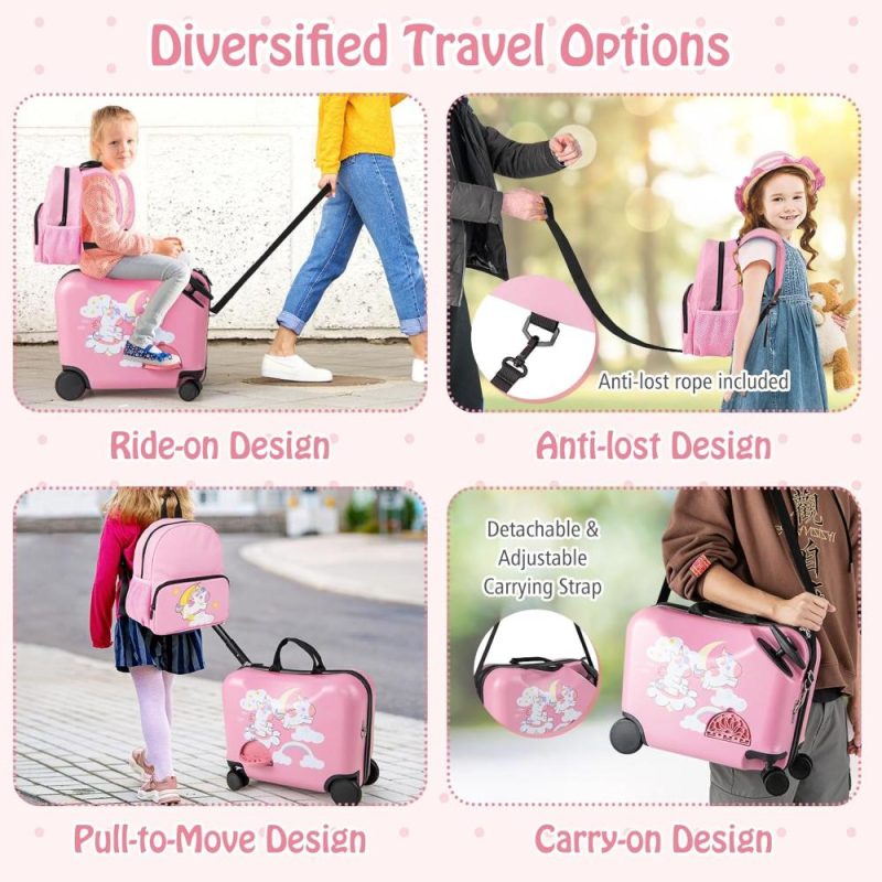 Kids’ Luggage | Kids Luggage, 12" Children Travel & 18" Hard Shell Carry-On, Anti-Lost Adjustable Strap, Airplane Approved, 2 Pcs Ride On Luggage For Girls Boys(Pink Unicorn) Kids' Luggage Kids' Luggage