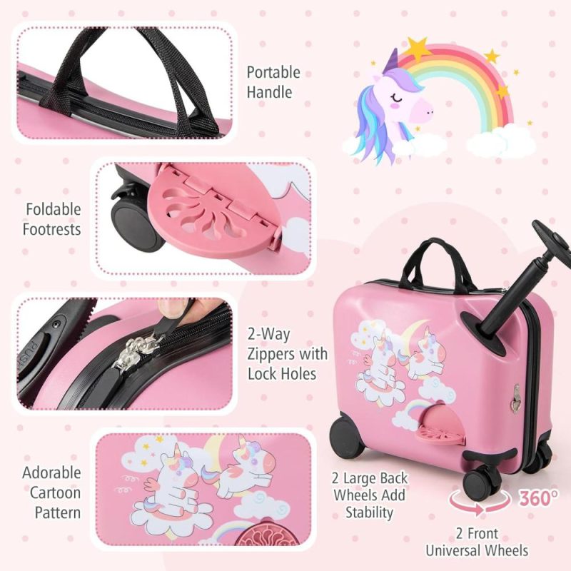 Kids’ Luggage | Kids Luggage, 12" Children Travel & 18" Hard Shell Carry-On, Anti-Lost Adjustable Strap, Airplane Approved, 2 Pcs Ride On Luggage For Girls Boys(Pink Unicorn) Kids' Luggage Kids' Luggage