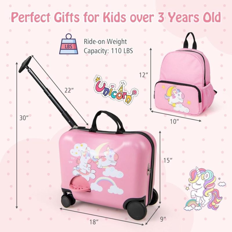 Kids’ Luggage | Kids Luggage, 12" Children Travel & 18" Hard Shell Carry-On, Anti-Lost Adjustable Strap, Airplane Approved, 2 Pcs Ride On Luggage For Girls Boys(Pink Unicorn) Kids' Luggage Kids' Luggage