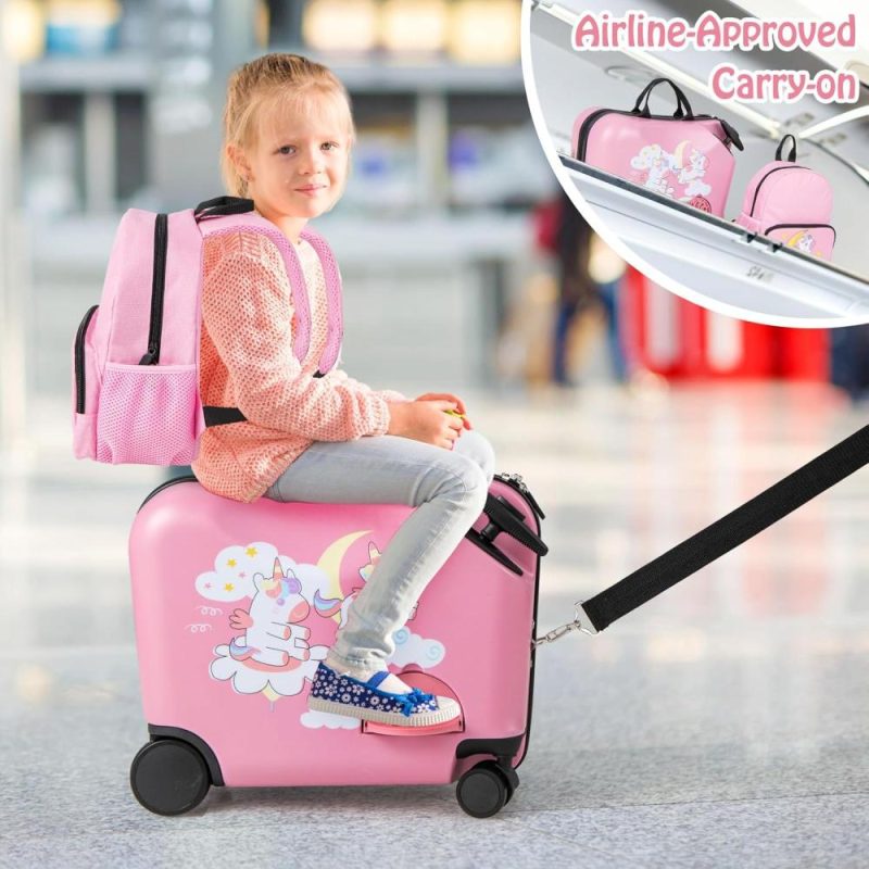 Kids’ Luggage | Kids Luggage, 12" Children Travel & 18" Hard Shell Carry-On, Anti-Lost Adjustable Strap, Airplane Approved, 2 Pcs Ride On Luggage For Girls Boys(Pink Unicorn) Kids' Luggage Kids' Luggage