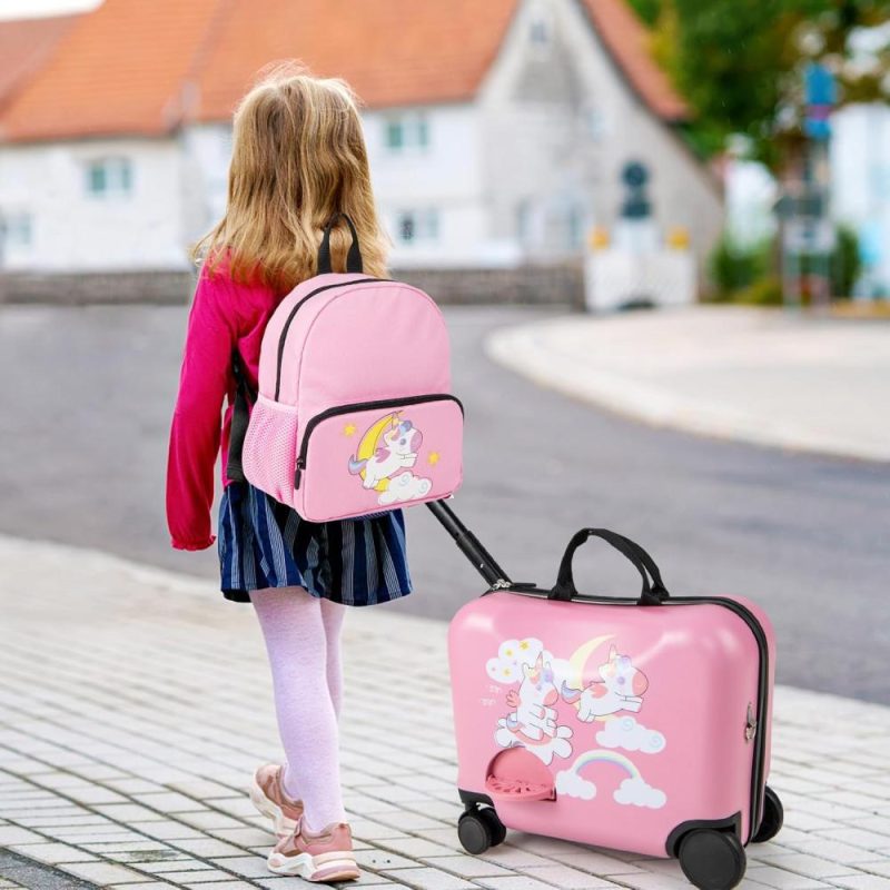 Kids’ Luggage | Kids Luggage, 12" Children Travel & 18" Hard Shell Carry-On, Anti-Lost Adjustable Strap, Airplane Approved, 2 Pcs Ride On Luggage For Girls Boys(Pink Unicorn) Kids' Luggage Kids' Luggage