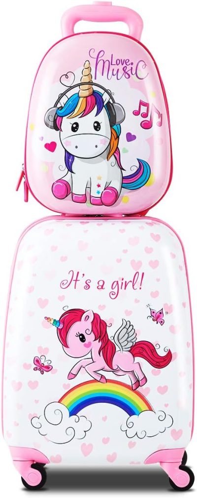 Kids’ Luggage | Kids Luggage, 12" Toddler Backpack & 16" Travel Suitcase With Wheels, Lightweight Toddler Girls Suitcase, Durable Abs Hardshell, 2Pcs Carry On Luggage Set For Boys Girls(Unicorn) Kids' Luggage Kids' Luggage