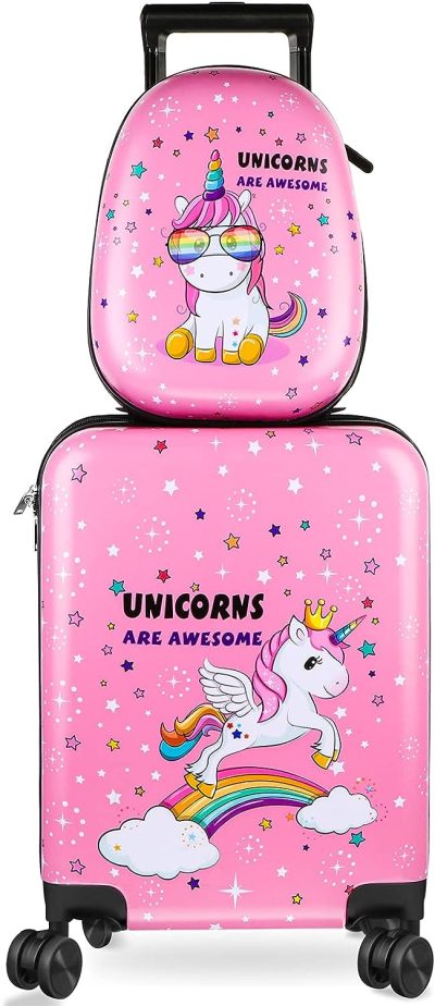 Kids’ Luggage | Kids Luggage And Backpack 18 Suitcase With Spinner Wheel Hard Case Travel Suitcase 13 Backpack Girl Suitcase Set For Kids Supplies (Pink, Unicorn Style) Kids' Luggage Kids' Luggage