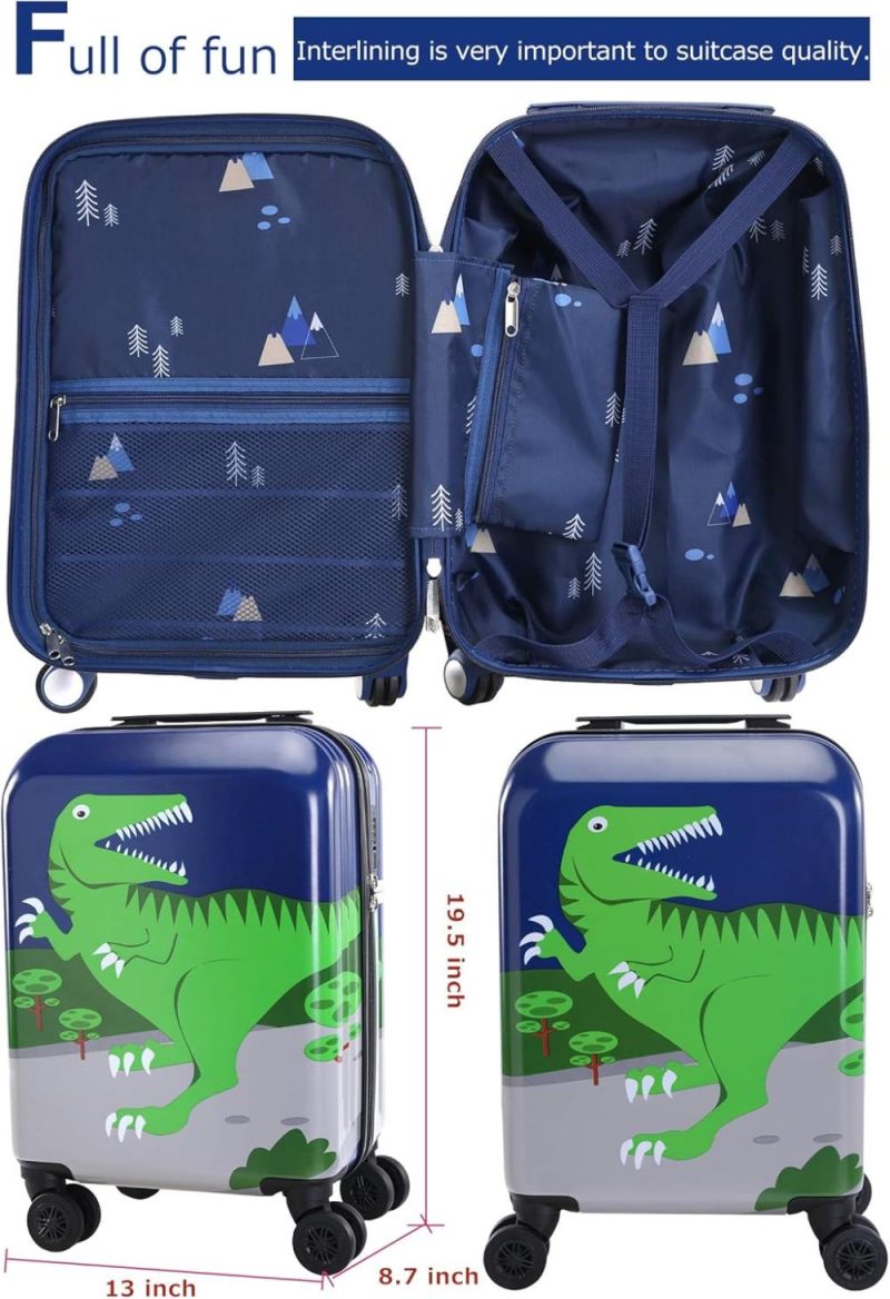 Kids’ Luggage | Kids Luggage For Boys Suitcase With Spinner Wheels Carry On Hard Shell Trolley Case Lightweight Travel Toys Gift (Green-Dinosaur, 19Inch) Kids' Luggage Green Dinosaur