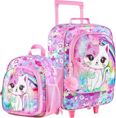 Kids’ Luggage | Kids Luggage For Girls And Boys, Dinosuar Unicorn Suitcase Rolling With Wheels，Travel Carry On For Children Toddler Elementary Kids' Luggage Cat Pink 2PCS