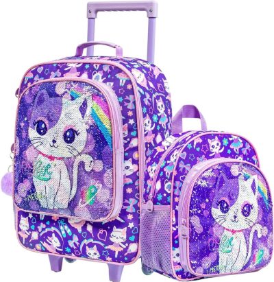 Kids’ Luggage | Kids Luggage For Girls And Boys, Dinosuar Unicorn Suitcase Rolling With Wheels，Travel Carry On For Children Toddler Elementary Kids' Luggage Cat Purple 2PCS