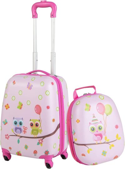 Kids’ Luggage | Kids Luggage Set, 16’’ Carry On Suitcase And 12’’ Travel Backpack With Wheels For Boys Girls, 2 Pcs Rolling Spinner Trolley Case Gift For Children Toddlers (Pink Owl) Kids' Luggage Kids' Luggage