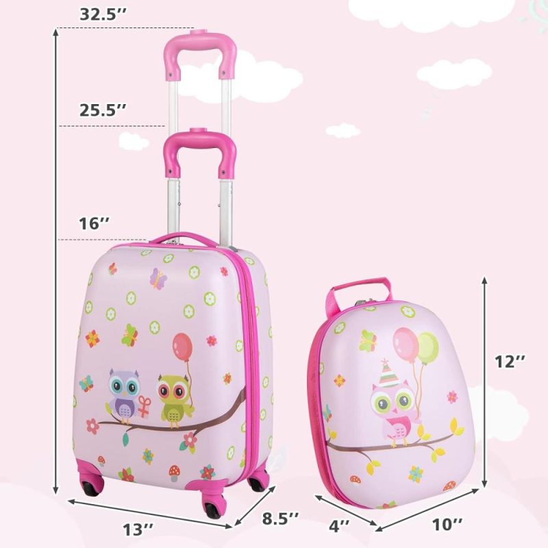 Kids’ Luggage | Kids Luggage Set, 16’’ Carry On Suitcase And 12’’ Travel Backpack With Wheels For Boys Girls, 2 Pcs Rolling Spinner Trolley Case Gift For Children Toddlers (Pink Owl) Kids' Luggage Kids' Luggage