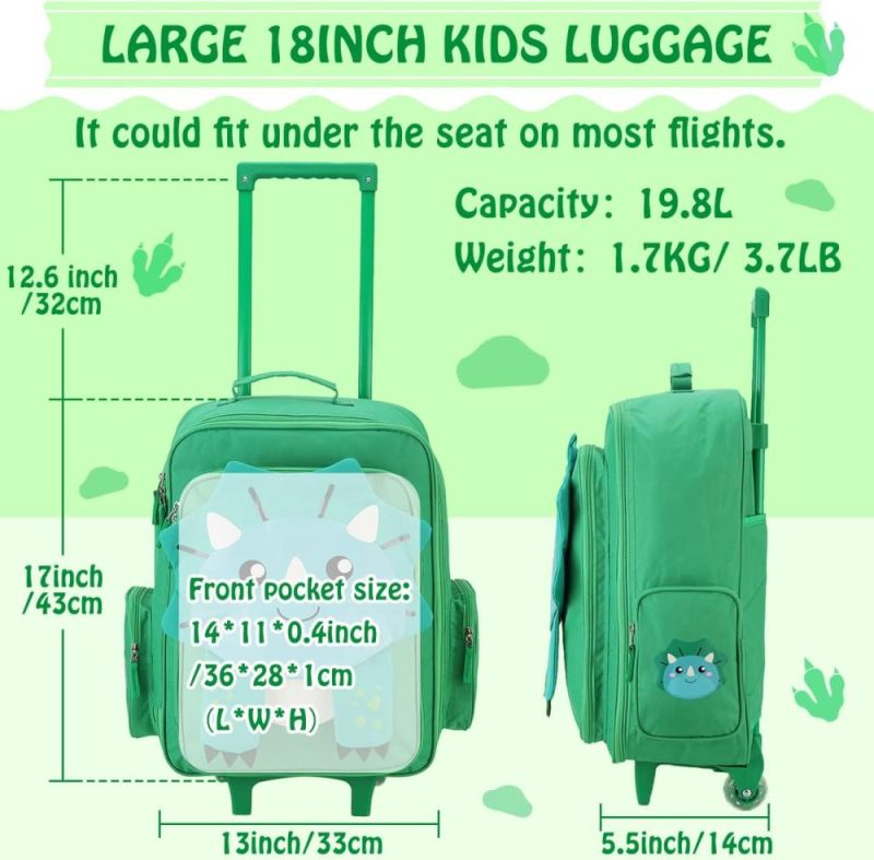 Kids’ Luggage | Kids Luggage,Large 18 Inch Carry On Suitcase With Wheels For Travel,19.8L Rolling Luggage For Toddler Boys And Girls Vonxury Kids' Luggage Green Dinosaur