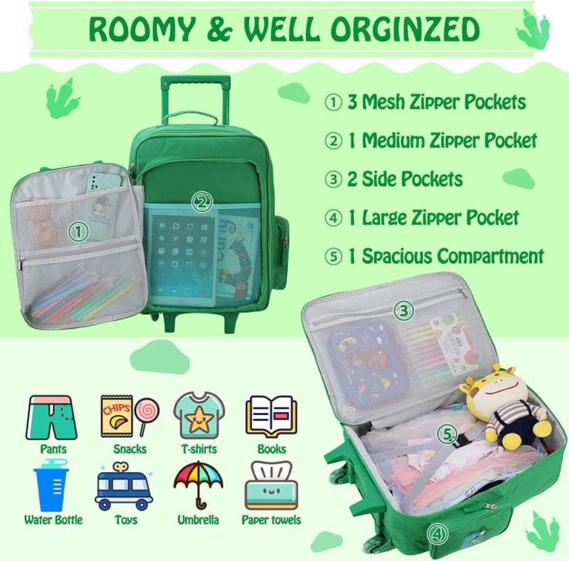 Kids’ Luggage | Kids Luggage,Large 18 Inch Carry On Suitcase With Wheels For Travel,19.8L Rolling Luggage For Toddler Boys And Girls Vonxury Kids' Luggage Green Dinosaur