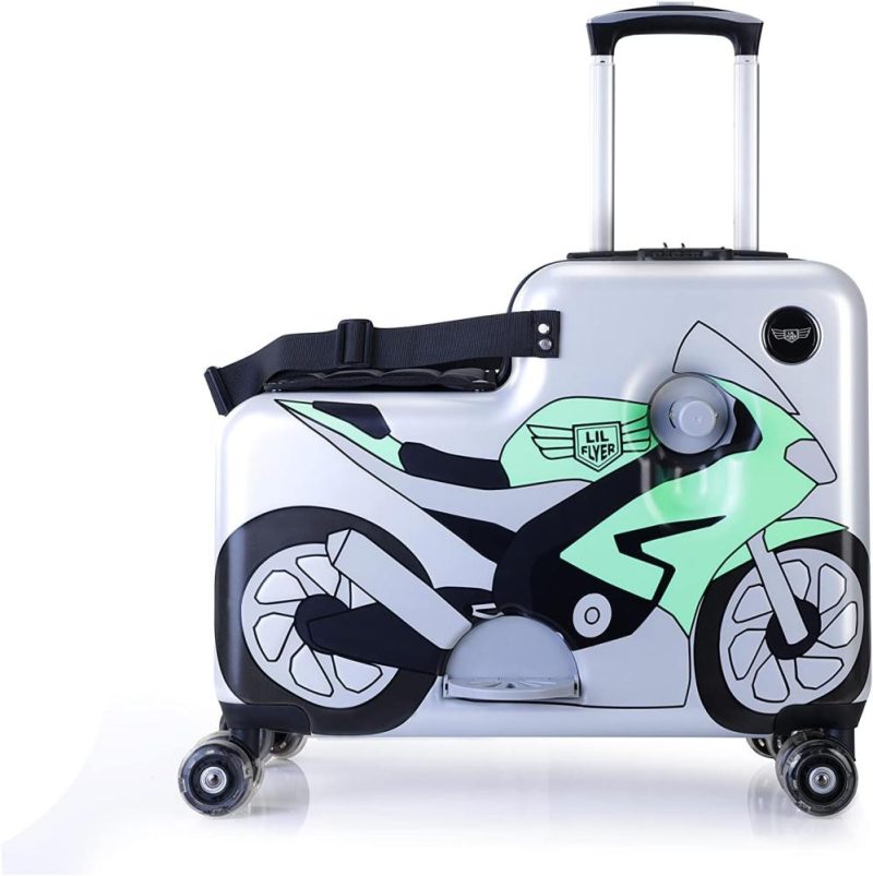 Kids’ Luggage | Lil Flyer 20" Kid Ride On Suitcase Child Stroller Spinner Luggage (Green Motorcycle) Kids' Luggage Green Motorcycle