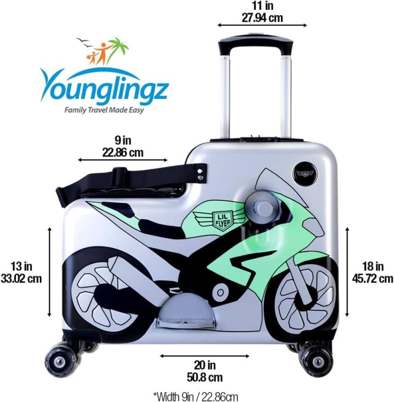 Kids’ Luggage | Lil Flyer 20" Kid Ride On Suitcase Child Stroller Spinner Luggage (Green Motorcycle) Kids' Luggage Green Motorcycle