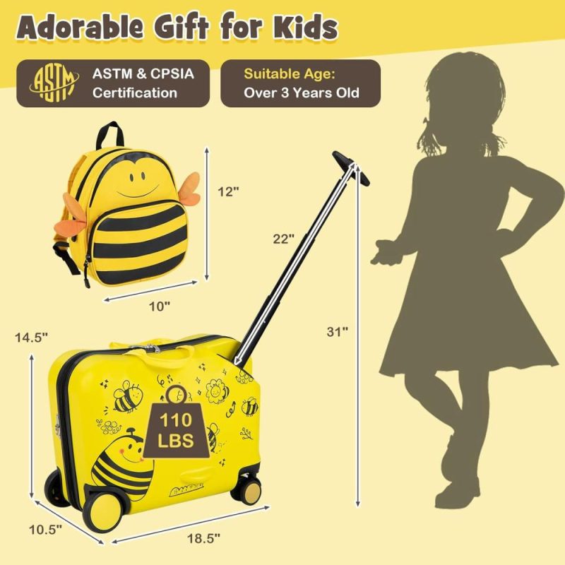 Kids’ Luggage | Ride On Suitcase For Kids, 2 Pcs Carry On Luggage Set, 18" Rolling Luggage W/Pull Handle, Footrest & Universal Wheels, 12" Anti-Lost Backpack, Xmas Birthday Gift For Boys Girls Kids' Luggage Kids' Luggage