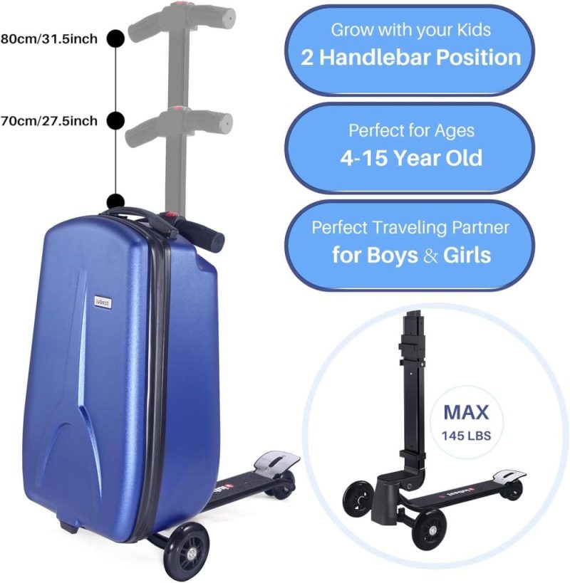 Kids’ Luggage | Scooter Luggage Carry On Scooter Suitcase For Kids Age 4-15, Detachable & Foldable 4 In 1 Kids Suitcase, Multifunctional Ride On Travel Trolley Scooter Combo-Blue Kids' Luggage Blue-Kids Version